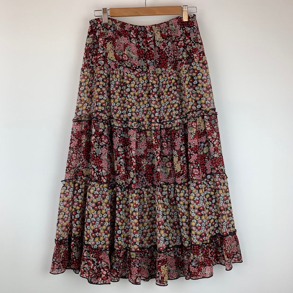 Notations Floral Tiered A-Line Skirt Elastic Waist